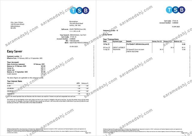 UK TSB Bank account statement Word and PDF template, 2 pages